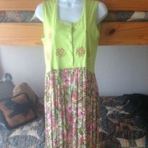 VINTAGE Point One LIME GREEN & CORAL Animal & Floral* Flowy BOHO MAXI Sundress S